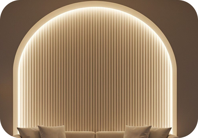 Backlit fluted arch interior with sofa